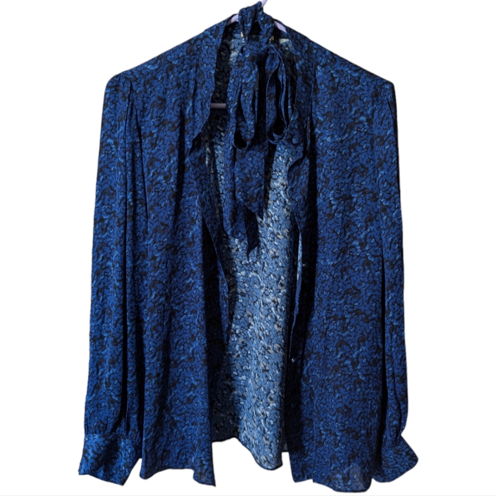 Womens XL Black Blue Long-Sleeve Button-Up Blouse Dress Shirt w/ Neck Tie